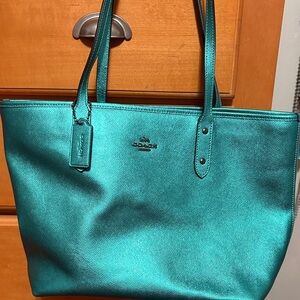 Coach Metallic Teal Tote Bag